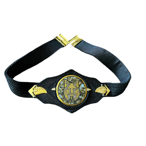 Unknown Accessories - Unique Vintage Belt- West Germany Gutos Belt  Black and Gold with Metallic Cat
